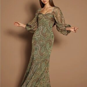 Azazie Paisley Long Sleeve Dress in Green and Brown NWT